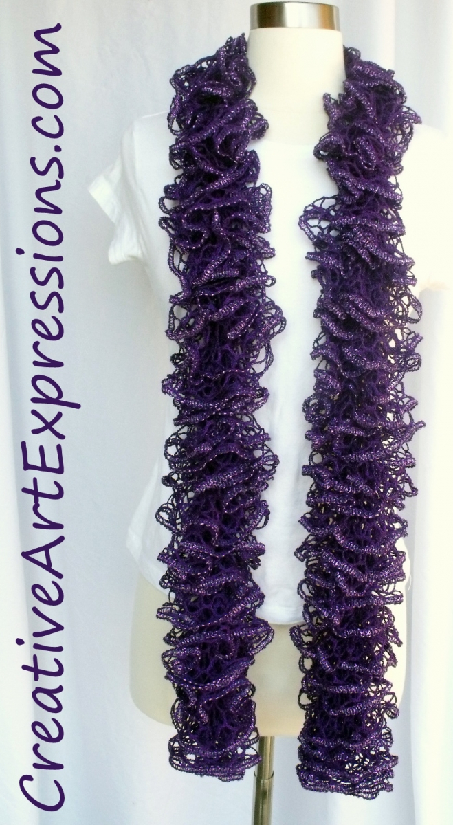 Creative Art Expressions Hand Knit Purple Ruffle Scarf